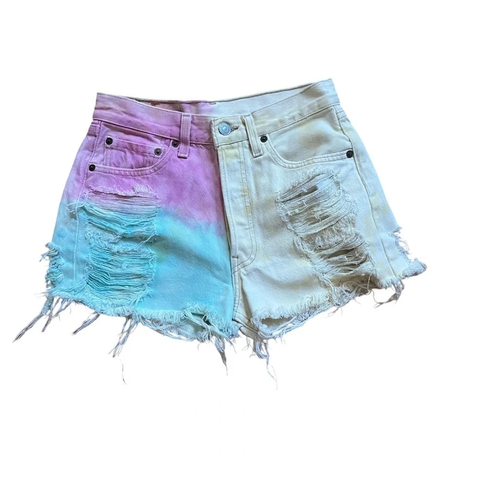 Levis Vintage Tie Dyed Heavy Distressed Bohemian Rainbow High Waisted Shorts
